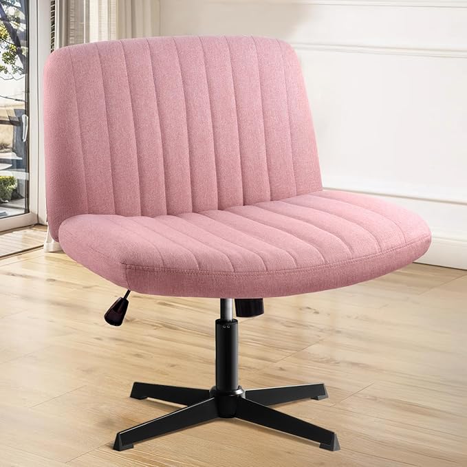 Criss Cross Chair, Cross Legged Desk Office Vanity Chair, Comfortable Pink Vanity Chair with Back, Armless Fabric Adjustable Wide Swivel Criss Cross Desk Chair for Home Office