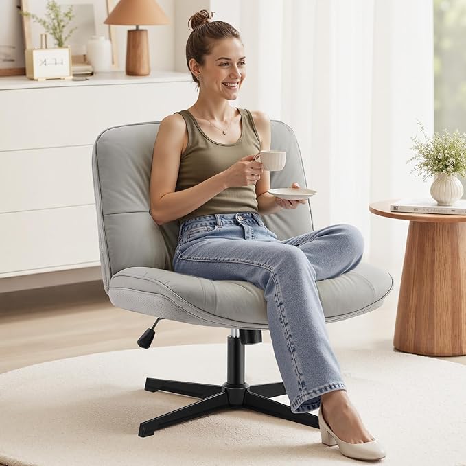 OLIXIS Criss Cross Chair Without Wheels, Cross Legged Office Chair, Armless Wide Vanity Desk Chair with Comfy PU Leather& Back - Swivel for Home Office Bedroom, Gray