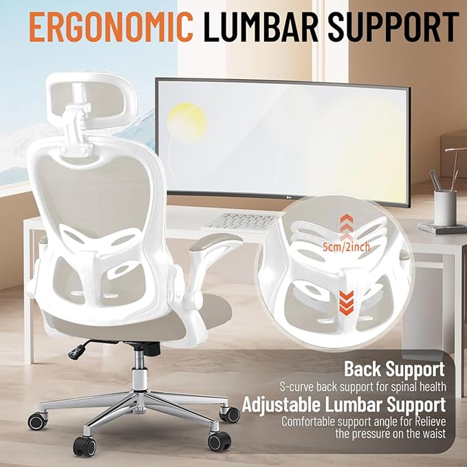 Office Chair, Ergonomic Breathable Mesh Chair,Flip-Up Arms and Adjustable High Back Lumbar Support,Comfy Computer Chair for Home Office (Beige, 407)