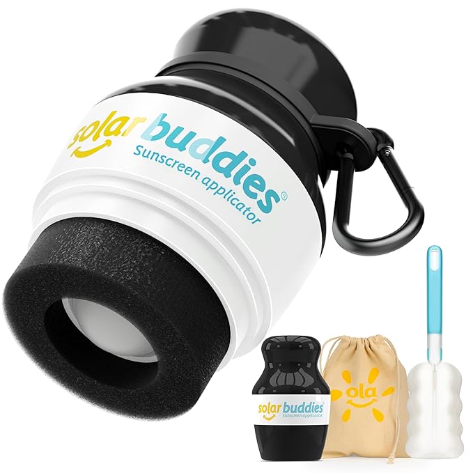 Solar Buddies Grab & Go Travel Bundle, Carabina Clip & Cleaning Brush - Single Full Black - Refillable Roll on Sponge Sunscreen, Suncream & Lotion Applicator For Kids, Adults & Families - Holds 100ml