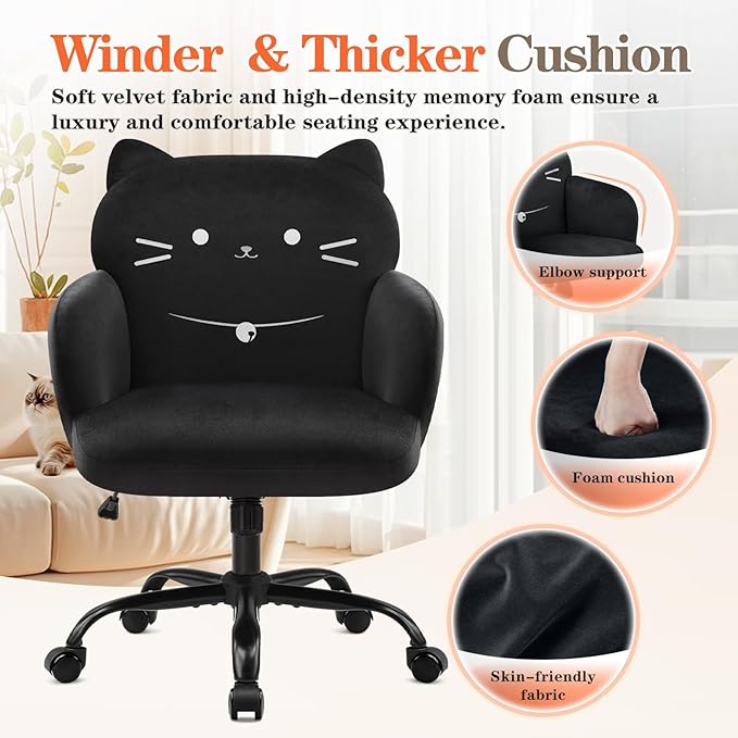 IWMH Home Office Chair Wide Seat Desk Chair Cute Velvet Swivel Vanity Chairs Cat Themed Computer Task Chairs with Wheels Upholstered Modern Accent Armchair for Living Room Bedroom Study Makeup Black