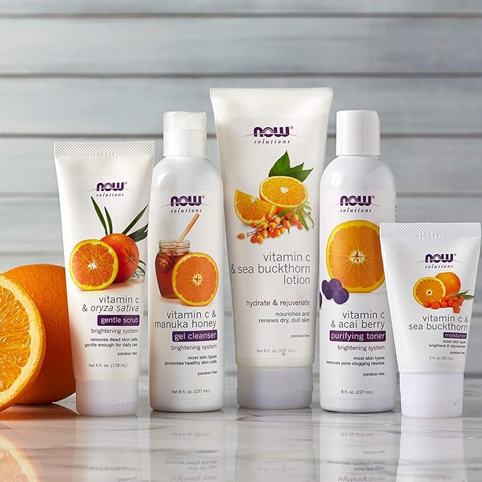 NOW Foods Solutions, Vitamin C and Sea Buckthorn Lotion, Hydrates, Repairs and Nourishes Dry Dull Skin, 8-Ounce