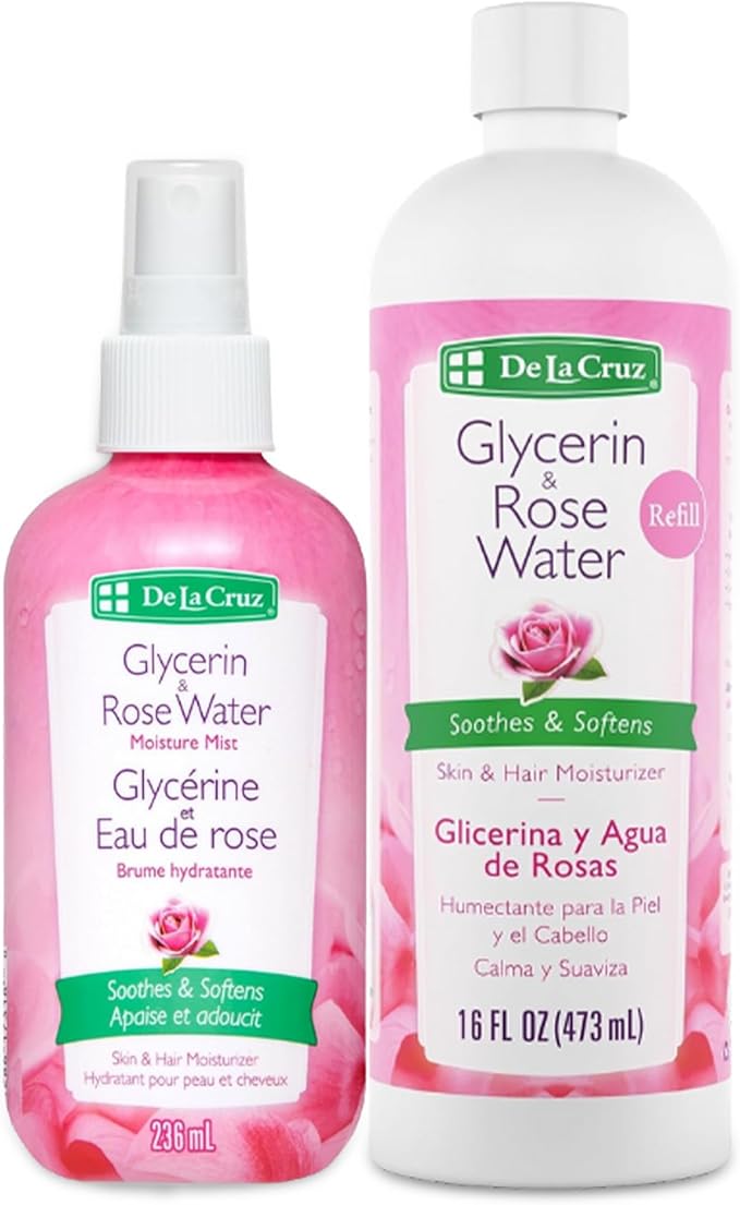 De La Cruz Rose Water and Glycerin for Face, Rosewater Facial Toner & Moisturizer for Skin & Hair, Rose Water for Hair, 2-Bottle Bundle - 16oz & 8oz, Made in USA.