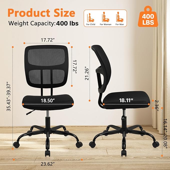 CLATINA Armless Home Office Chair, Small Ergonomic Mesh Back Desk Chair with Lumbar Support and Wheels, Adjustable Height 360° Swivel Rolling Computer Chair for Conference Waiting, Black, 6Pack