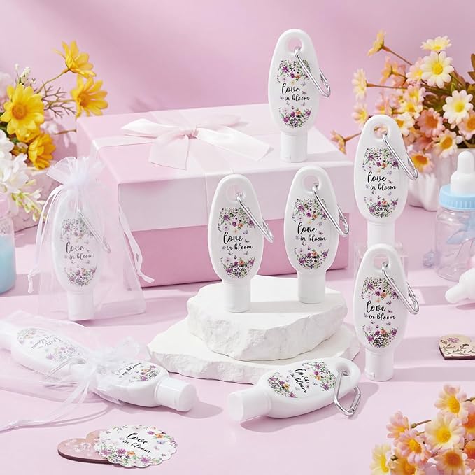 Leelosp 30 Pcs Mini Sunscreen with Carabiner Bulk Travel Size 1 Fl. oz. Spf 30 Sunblock Lotion Love in Bloom Wildflower Baby Shower Party Favor Bridal Shower Wedding Engagement Gifts for Guest