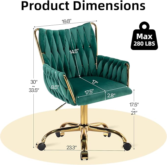 ABET Velvet Desk Chair with Wheels, Cute Upholstered Swivel Office Chair, Modern Gold Rolling Hand Woven Height Adjustable Armchair for Women Girls Home Makeup, Vanity, Nail Salon, Dark Green