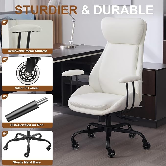 Office Chair, Leather Desk Chair with Rubber Wheels, Ergonomic Computer Chair 500 LBS with Lumbar Support, High Back Executive Chair for Modern Home Office, White