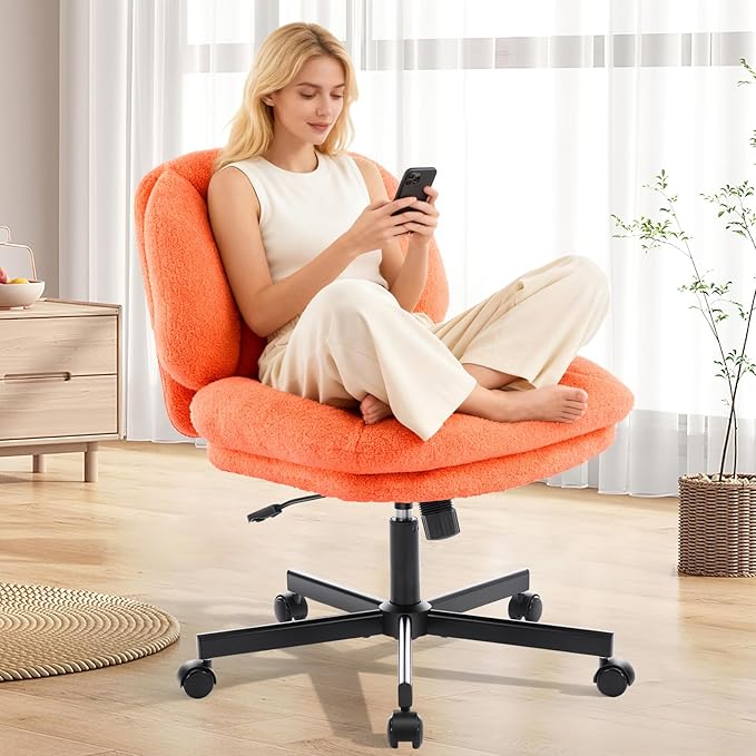 Cross Legged Office Chair, Thick Cushioned Criss Cross Desk Chair with Wheels, Wide Seat Armless Office Chair, Height Adjustable Swivel Vanity Chair for Home and Office, Orange