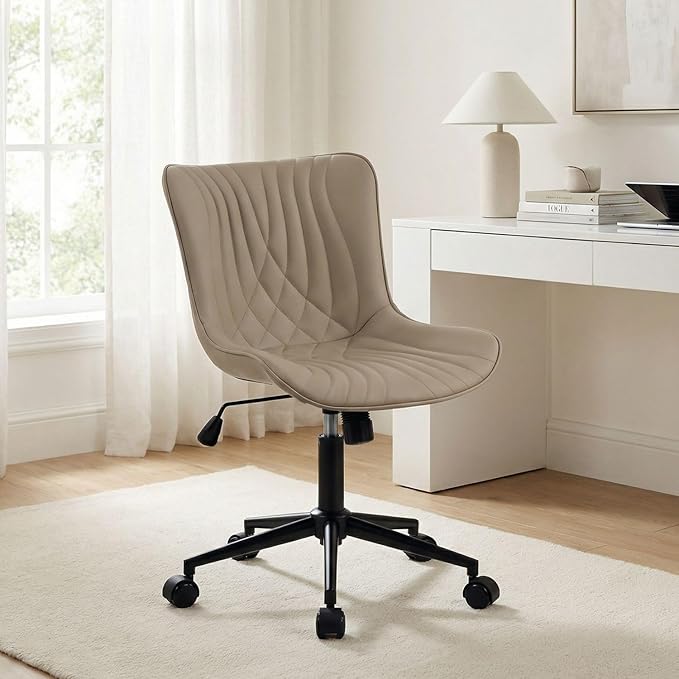 YOUNIKE Office Chair, Desk Chair with Wheels, Home Office Computer Task Chairs, Modern Faux Leather Padded Vanity Chair, Adjustable Swivel Armless Office Chairs with Back, Khaki