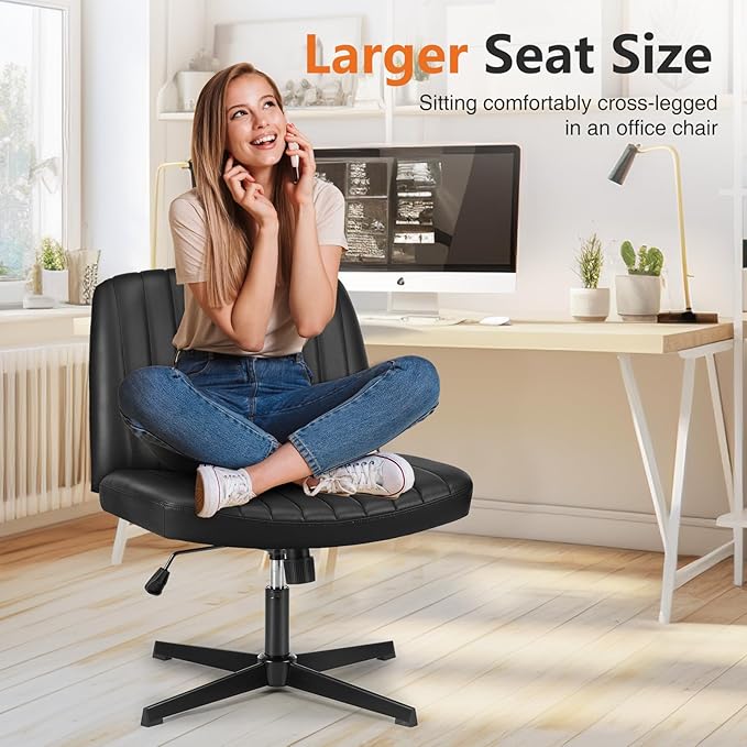 Sweetcrispy Criss Cross Chair Legged, Armless Office Swivel Desk Chair No Wheels, Vanity Height Adjustable Wide Seat Faux Leather Computer Task Seating for Home Bedroom