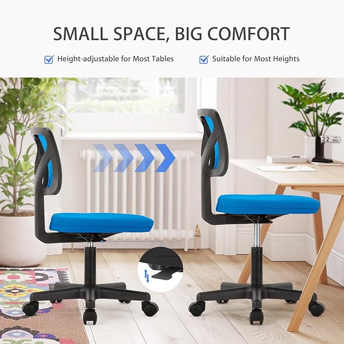 NEWBULIG Home Office Desk Chair, Armless Ergonomic Swivel Computer Chair with Wheels, Adjustable Height and Low-Back Mesh Design, Rolling Chair with Lumbar Support and Comfortable Seat, Blue