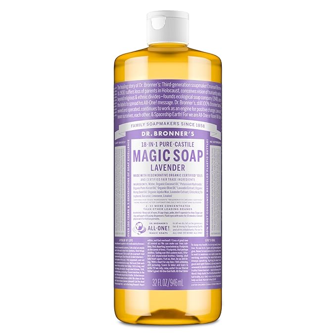 Dr. Bronner's Pure-Castile Liquid Soap, Made with Organic Oils, 18-in-1 Uses: Face, Body, Hair, Laundry, Pets and Dishes, Concentrated, Vegan, Non-GMO, Lavender, 32 Oz