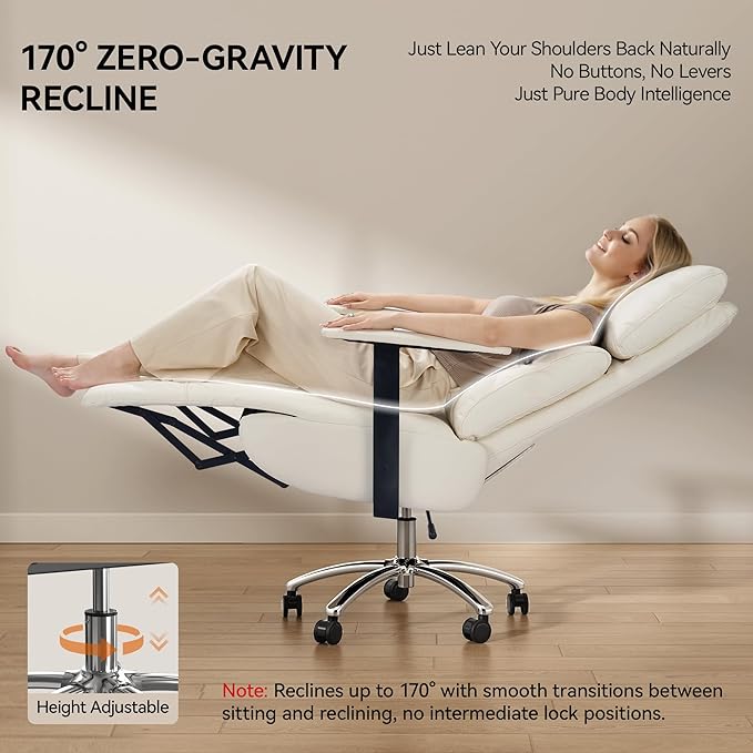 Reclining Office Chair with Adjustable Headrest and Footrest, 170° Ergonomic Comfortable Office Chair Zero Gravity, Leather Executive Home Office Desk Chair (Cream)