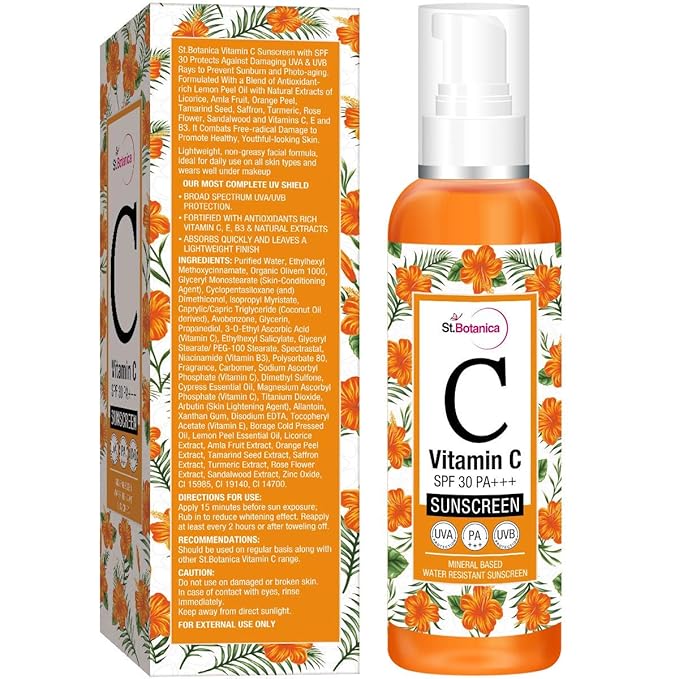 StBotanica Vitamin C SPF 30 PA+++ Sunscreen Mineral Based & Water Resistant,120ml - UVA & UVB Protection