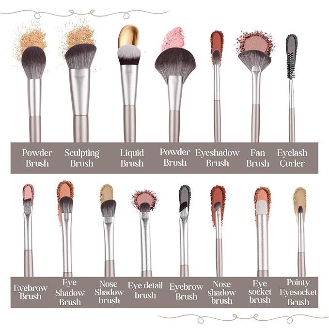 Makeup Brush Set (15 Pieces) - Includes Foundation, Powder, Concealers, Highlighter, Contour, Eye Shadows & Blush Makeup Brushes - Face & Eye Make Up Brushes with Synthetic Bristles