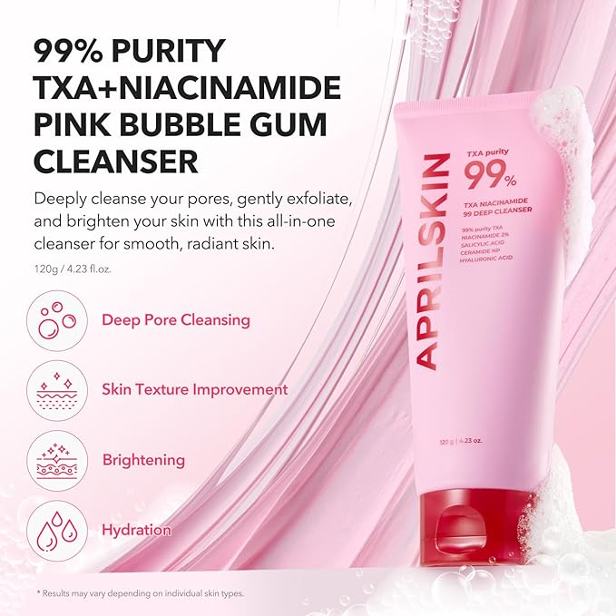 APRILSKIN TXA Pink Skincare Full Set: Bubble Gum Deep Cleanser, Toning Shot Spicule Facial Serum, Pink Milky Toner, Overnight Wrapping Mask and Capsule Gel Mask