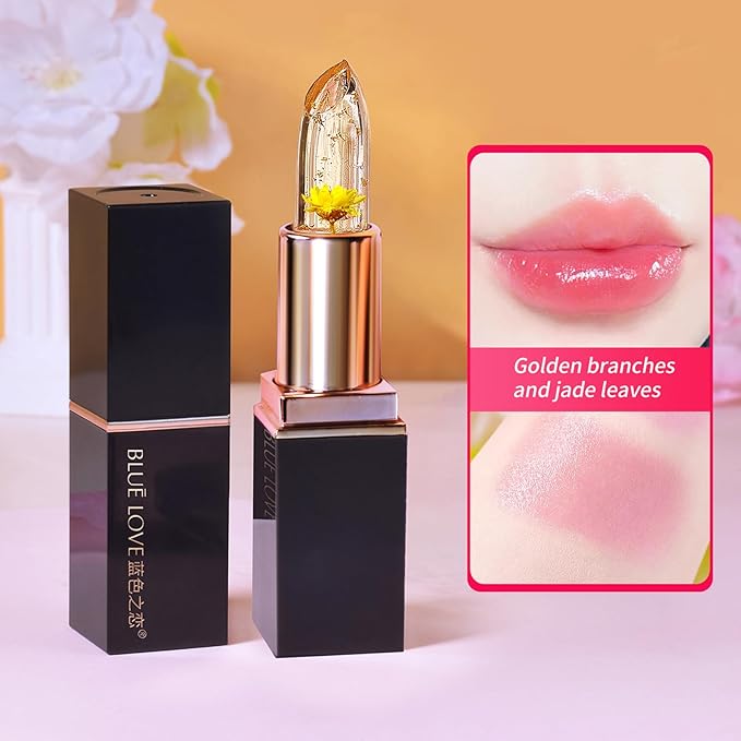 BLUE LOVE 3-Piece Color Changing Flower Jelly Lipstick Set - Nourishing Clear Lip Balm with Flower, Long-Lasting Moisturizing Lip Gloss (2Pc Blue 1Pc Gold)