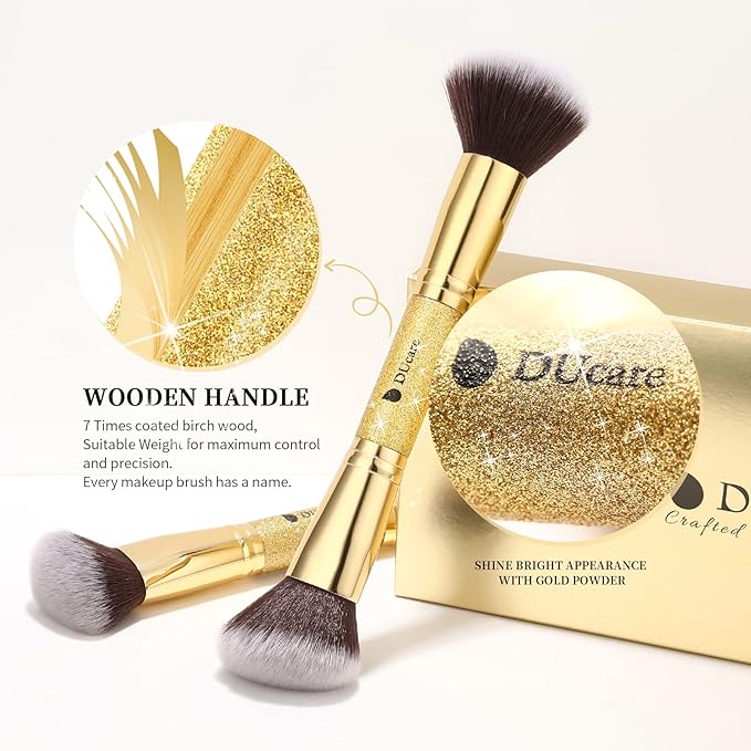 DUcare 2Pcs Duo End Makeup Brushes, Synthetic Bristle Foundation Powder Buffer & Contour Brush Set, Dual Sided Face Brushes for Blending Concealer Bronzer Highlighter