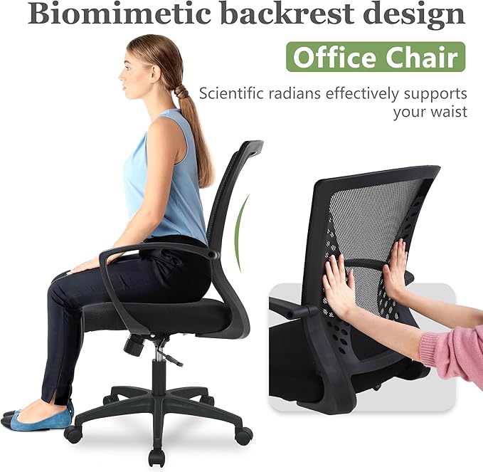 Home Office Chair Mid Back PC Swivel Lumbar Support Adjustable Desk Task Computer Ergonomic Comfortable Mesh Chair with Armrest (Dark Black)