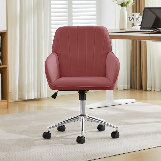 Velvet Home Office Desk Chair, Modern Cute Computer Task Chair with Back, Height Adjustable Upholstered Vanity Chair with Swivel Wheels for Women, Girls (Silver Base, Rose
