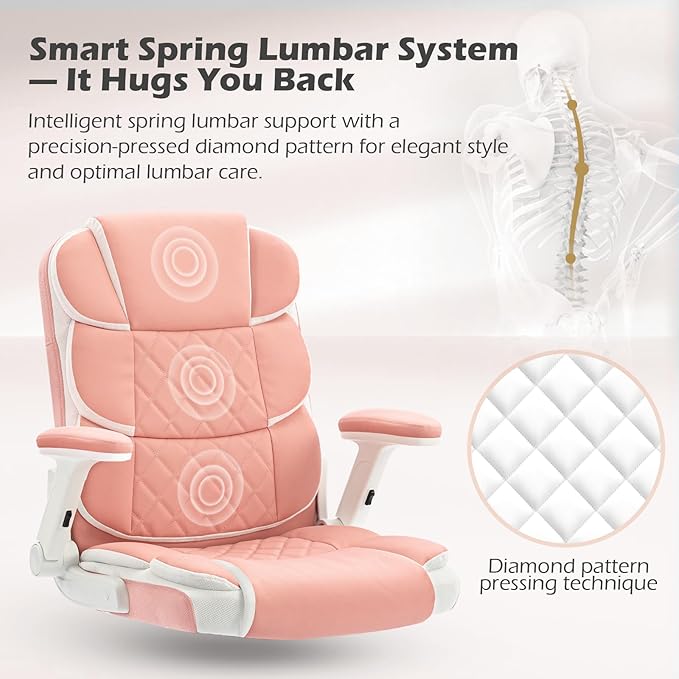 SEATZONE Ergonomic Office Chair Pink PU Leather Desk Chairs Computer Chair with Wheels and Flip-up Arms,Rolling Swivel Task Chair for Women,Girls