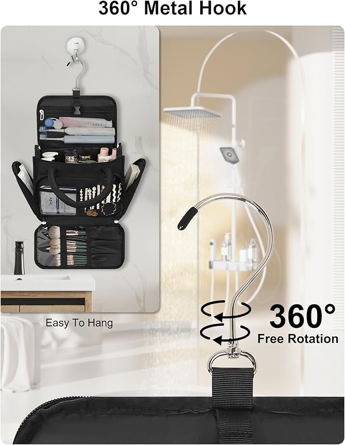 Hanging Toiletry Bag for Women - Travel Makeup Organizer with Brush Compartment, Portable Toiletry Bag with Removable Dividers for Full-size Container, Lightweight Cosmetic Case for Trip - Black