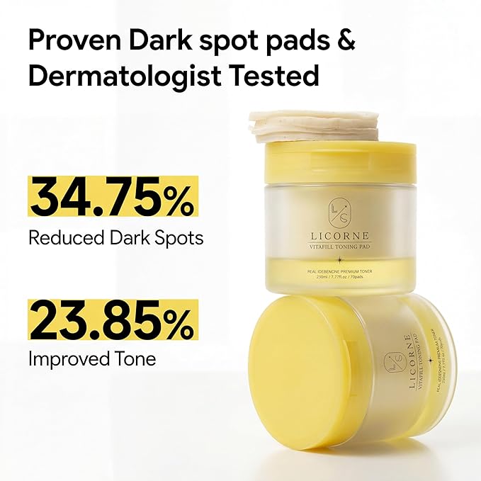 Licorne Vitafill Toning Pads (70 Count) - Idebenone & Vitamin C Glow Boosting Toner Pads for Dullness & Uneven Skin Tone - Korean Exfoliating Face Pads with Niacinamide for Daily Radiance