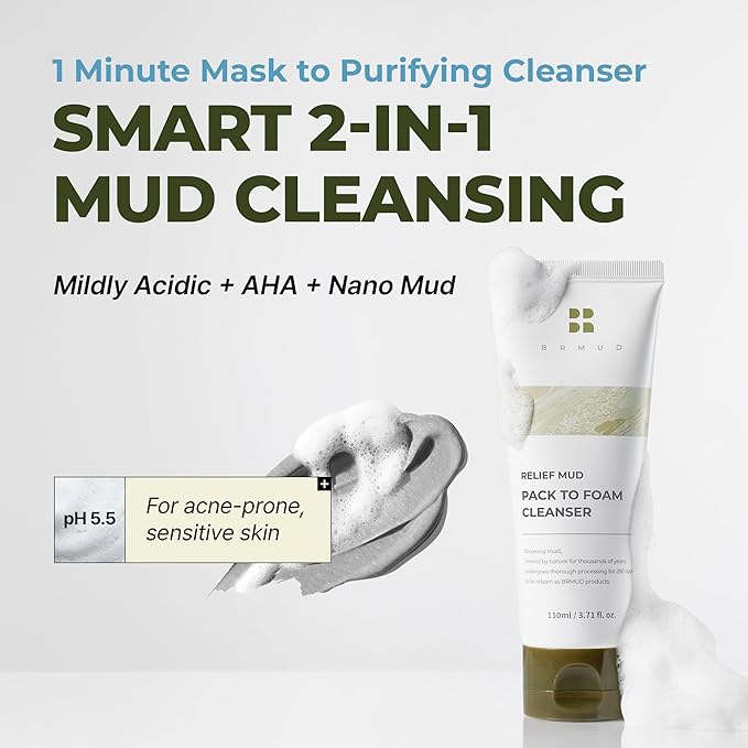 BRMUD Relief Mud Pack to Foam Cleanser - 2-in-1 Purifying & Hydrating Korean Foaming Clay Mask Facial Cleanser for Pore & Sebum Control - Makeup Cleansing Face Wash Korean Skincare (3.71 fl oz)