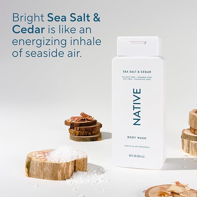 Native Body Wash Contains Naturally Derived Ingredients | For Women & Men, Sulfate, Paraben, & Dye Free Leaving Skin Soft and Hydrated | Sea Salt & Cedar 18 oz