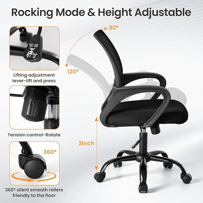 NEWBULIG Ergonomic Computer Desk Chair, Home Office Rolling Task Chair Mid-Back Swivel with Breathable Backrest and Lumbar Support, Mesh Office Chairs for Adults Home Gaming, Black 2 Pack