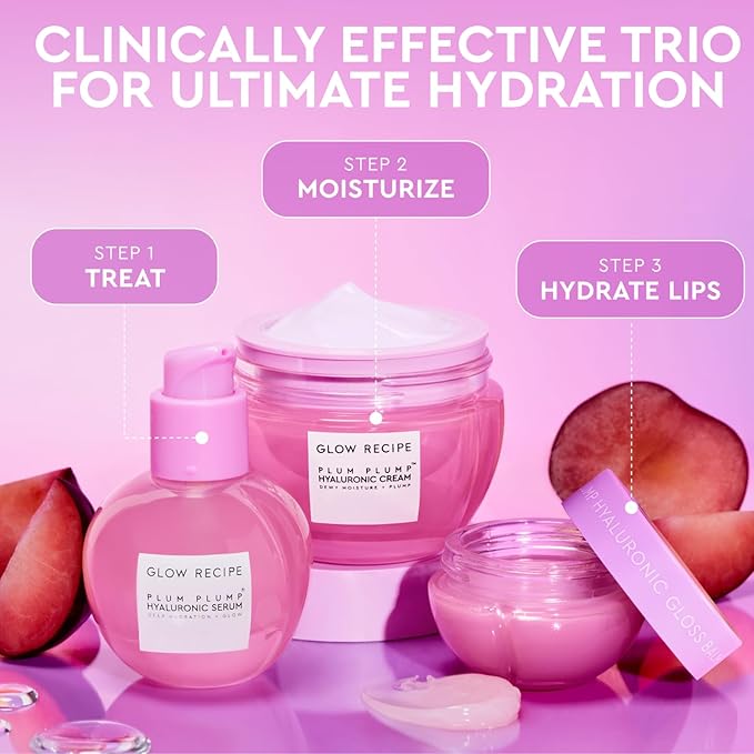 Glow Recipe Blueberry Bounce Gentle Face Cleanser (30 ml) + Watermelon Glow PHA + BHA Facial Toner & Pore Minimizer (40 ml) + Plum Plump Hyaluronic Acid Face Cream (20 ml) - Travel Friendly