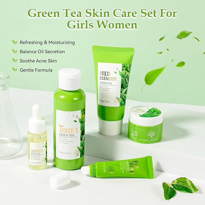 Green Tea Skin Care Set, Green Tea Skin Care for Teens 10-12, Gentle Moisturizing Face Care Kit with Cleanser, Toner, Serum, Eye Cream & Cream, Travel Size Facial Kit for Women Girls