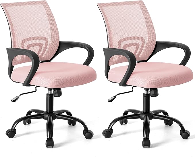 NEWBULIG Computer Desk Office Chair, Ergonomic Mid-Back Swivel Rolling Chair with Breathable Backrest and Lumbar Support Wheels, Pink Chair for Desk Home Height Adjustable, 2 Pack