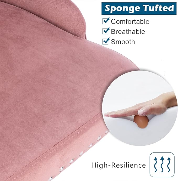 VINGLI Velvet Office Chair - Modern Upholstered Desk Chair with Adjustable Height, Tilting Mechanism, and Rolling Wheels - Pink