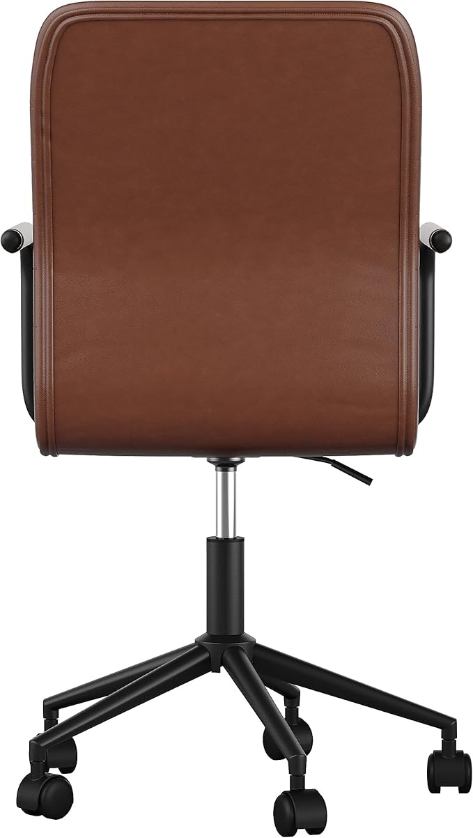 Martha Stewart Taytum Swivel Task Chair with Armrests for Home Office in Saddle Brown Faux Leather with Oil Rubbed Bronze Frame