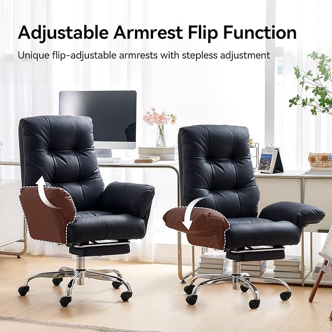 EMIAH Criss Cross Chair with Wheels Office Chair with Foot Rest and Flip-up Arms Reclining Desk Chair Comfy PU Leather Rolling Computer Home Office Chair (Black)