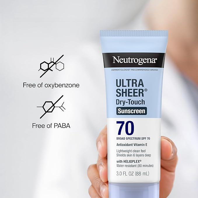 Neutrogena Ultra Sheer Dry-Touch Sunscreen For Face & Body, SPF 70 Broad Spectrum UVA/UVB Protection, Lightweight Water Resistant & Non-Greasy, Travel Size Sunscreen, 3 fl. oz (Pack of 3)
