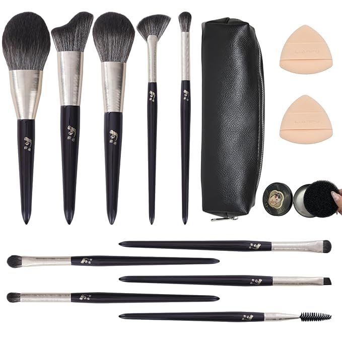 10pcs Makeup Brush Set with Dry Cleaning Box, Travel Bag & 2 Puffs - All-in-One Soft Synthetic Brushes for Beginners, Travel, Full Face & Eye Makeup Kit