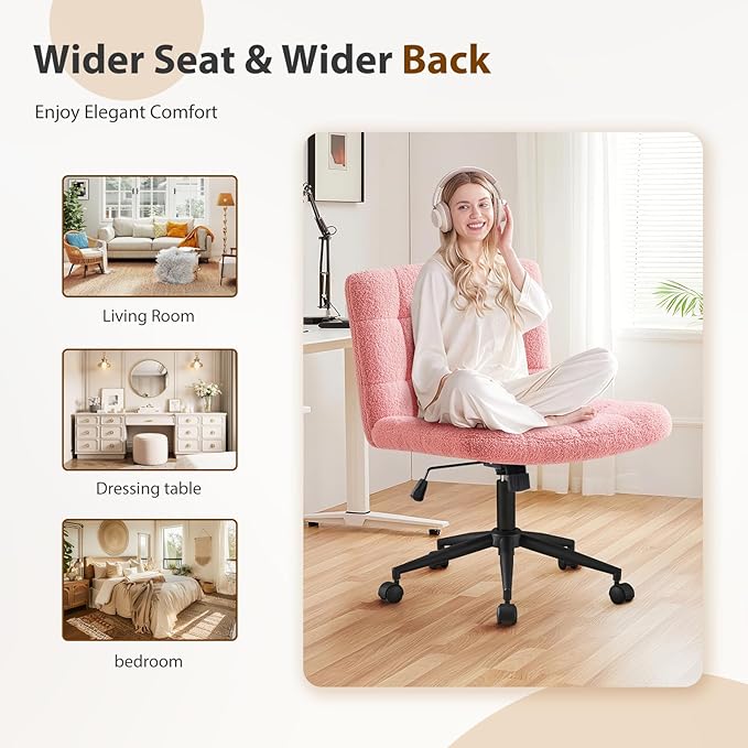 Furnimart Swivel Criss Cross Legged Chair with Wheels for Home Office, Wide Armless Desk Chair Height Adjustable Comfy Seat for Desk,Vanity, Bedroom, Faux Fur Pink