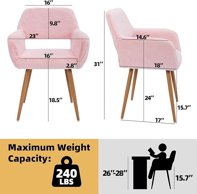 Furry Desk Chair Set of 4, Modern Home Office Chair Without Wheels, Faux Fur Vanity Chair with Hollow Backrest, Comfy Armchair Wood Frame with Strudy Metal Legs, Pink