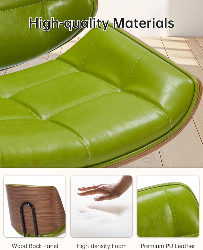 Mid-Century Modern Home Office Chair,Accent Ergonomic Desk Chair with Walnut Finish&PU Leather,Armless Executive Computer Chair with 360° Swivel Rolling Wheels for Vanity, Bedroom&Workspace (Green)