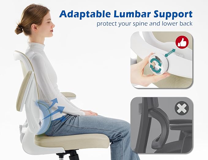 TRALT Ergonomic Office Chair - Desk Chair with Adjustable Lumbar Support Computer Chair - Mesh Comfy Chair with Flip-up Armrests - Gaming Chairs for Adults Home Office (Leather, Beige)