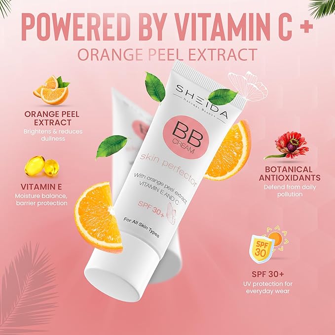 Sheida BB Cream with SPF 30+, Hydrating Daily Tinted Day Cream, Natural Finish, Buildable Light Coverage, 24h Moisture, Vitamin C & E for Even Skin Tone and Radiant Look – 50 ml (Extra Light)
