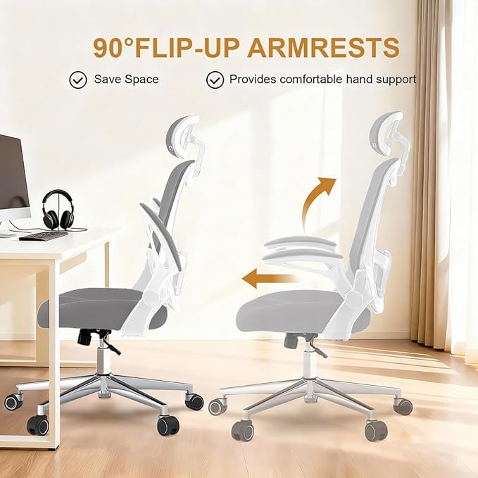 Office Chair, Ergonomic Breathable Mesh Chair,Flip-Up Arms and Adjustable High Back Lumbar Support,Comfy Computer Chair for Home Office (Grey, 407)
