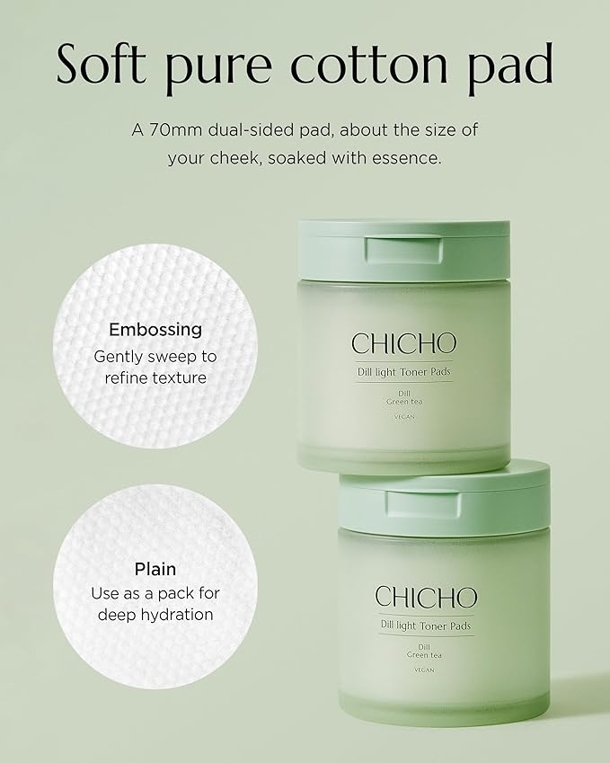 CHICHO Dill Light Toner Pads (80 Pads) – Jumbo 7cm OEKO-TEX Standard 100 Class I 100% Cotton Dual-Sided Pads for Rough Texture & Makeup Prep – 82.9% Dill Extract, Face Exfoliating and Moisturizing