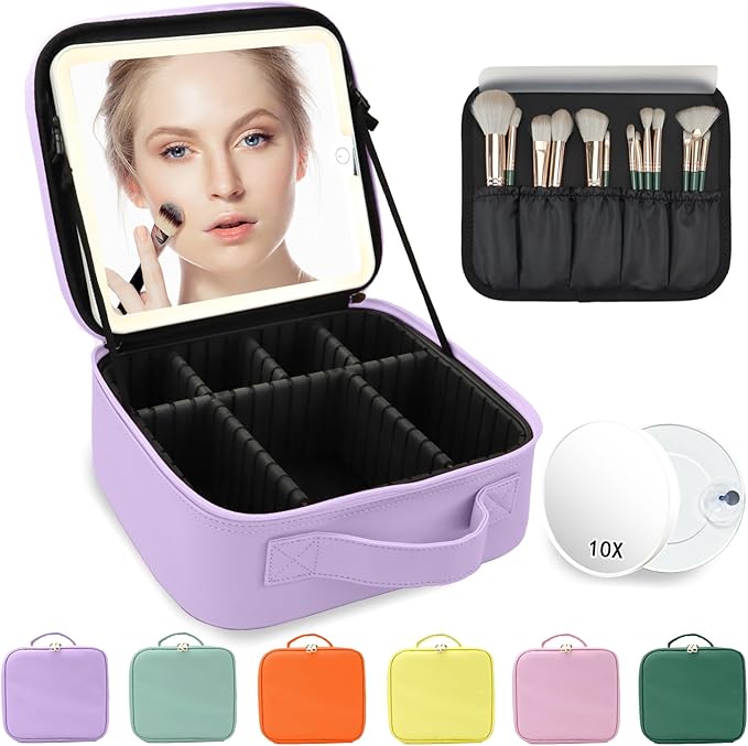 Makeup Bag with Mirror,with Mirror 3 Color Setting and Detachable 10x Magnifying Mirror Large Vanity Makeup Cases,Portable Storage and Adjustable Dividers, for Women and Makeup Artists-Purple