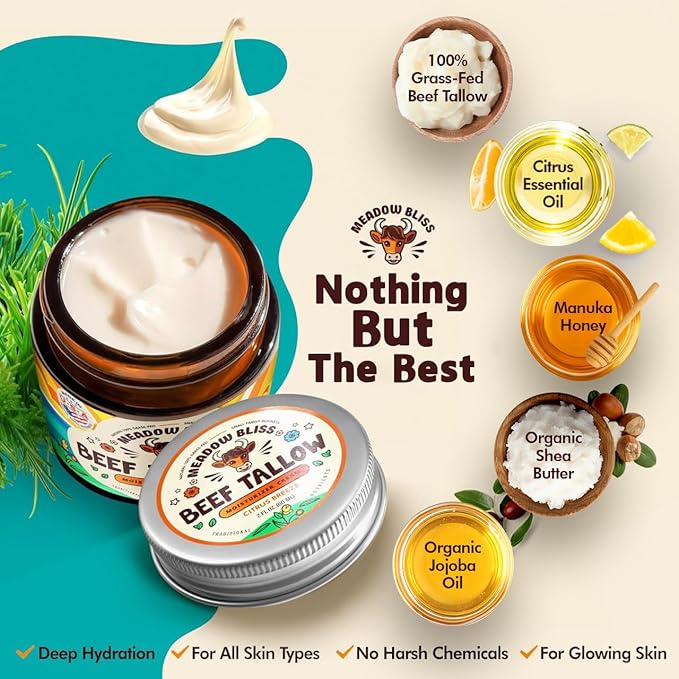 Beef Tallow for Skin - Moisturizer Cream - 100% Grass Fed - Whipped Beef Tallow - Manuka Honey - Organic Jojoba Oil, Shea Butter - Supports Eczema, Rosacea - USA - Citrus Breeze - 4 oz