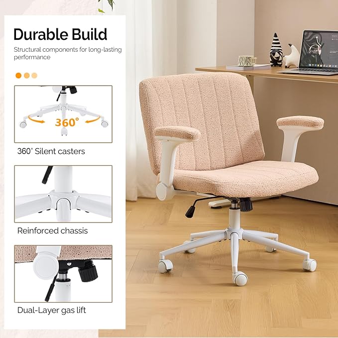 VINGLI Criss Cross Chair with Adjustable Flip-Up Arms,Cross Legged Chair with Wheels,Extra Wide Office Chair,Desk Chair for Home Office,Vanity,Bedroom, Apartment,Starry Chenille,Pink