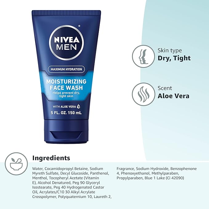 Nivea Men Maximum Hydration Moisturizing Face Wash with Aloe Vera, 5 Fl Oz Tube (Pack of 2)