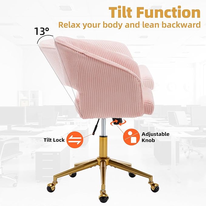 Westice Home Office Desk Chairs, Modern Corduroy Rolling Chair, Height Adjustable Swivel Vanity Chair with Golden Base, Ergonomic Chair for Vanity Study, Living Room Computer Room, Pink